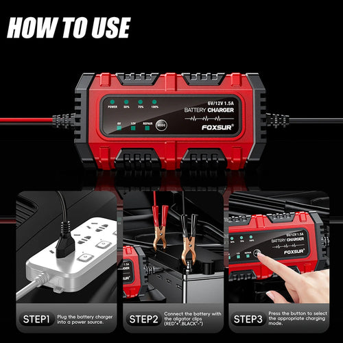6V 12V 1.5A Smart Car Battery Charger for Lead-Acid AGM GEL Batteries