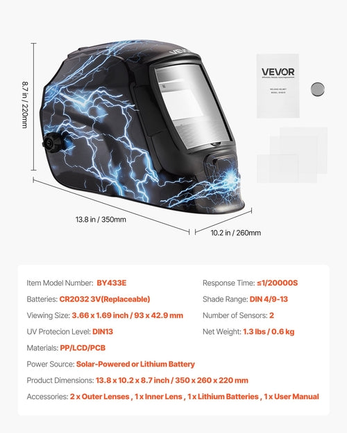 Welding Helmet Auto Darkening, 93 x 43 mm True Color Welding Hood,